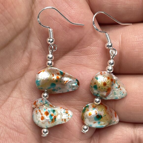 Silver Plated Confetti Dyed Bourque Pearl Beaded Dangle Earrings Boho Unique - Picture 3 of 7